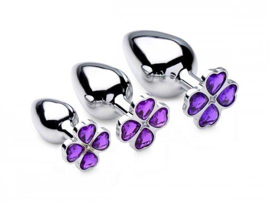 Luxury Set of 3 Crystal Violet Flower Hearts Metal Anal Plugs