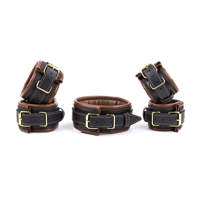 bdsm fetish leather handcuffs and collar set 